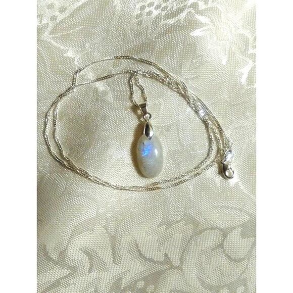 MOONSTONE WITH BLUE FLASH PENDANT STERLING SILVER CHAIN AND MOUNT - Picture 3 of 7
